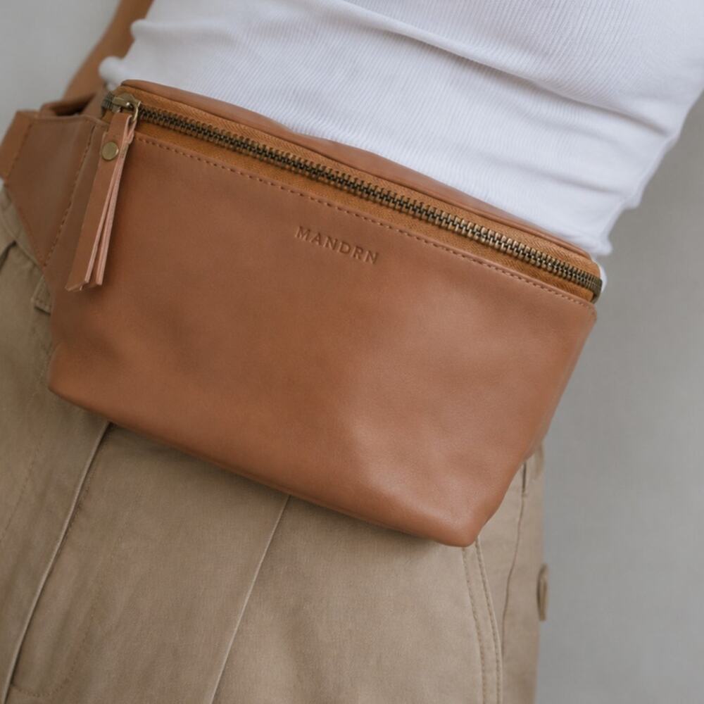 Mandrn Remy Sand Leather Fanny Pack Belt Bag Unisex Womens Handmade Pockets
